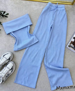 Ženski plavi komplet pantalone i top rebrasti pamuk casual stil