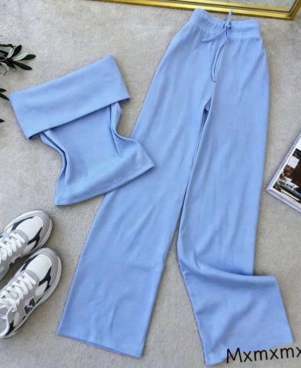 Ženski plavi komplet pantalone i top rebrasti pamuk casual stil