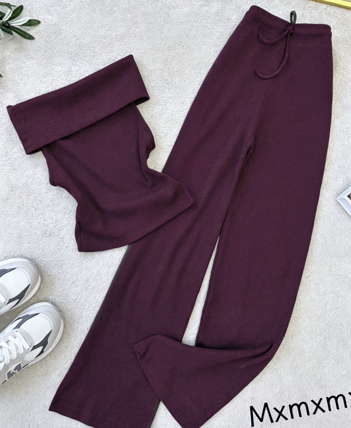Ženski bordo komplet pantalone i top rebrasti pamuk elegantan izgled