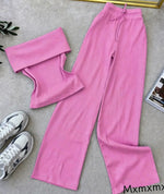Ženski roze komplet pantalone i top rebrasti pamuk moderan set