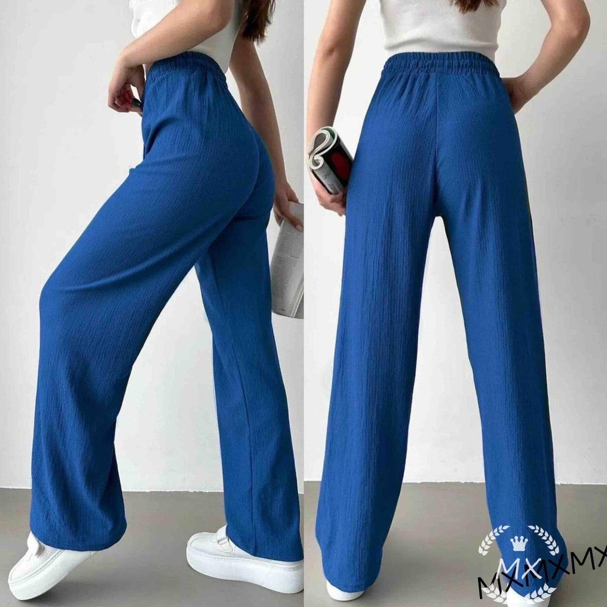 Ženske plave široke pantalone od rebrastog pamuka udoban casual stil