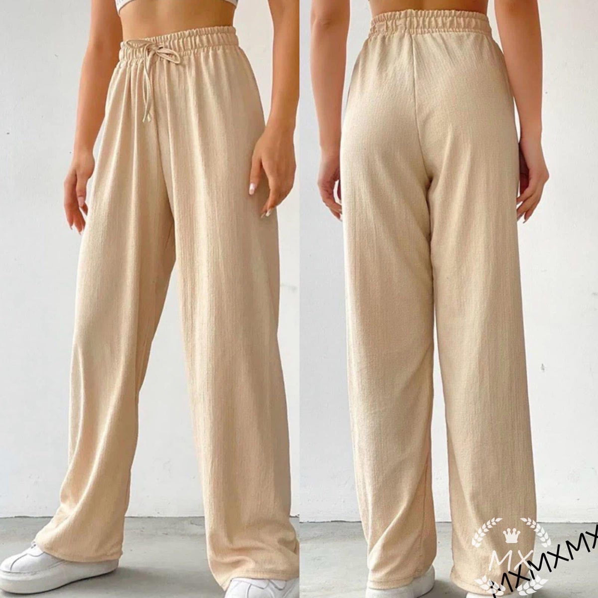 Ženske bež široke pantalone od rebrastog pamuka visok struk