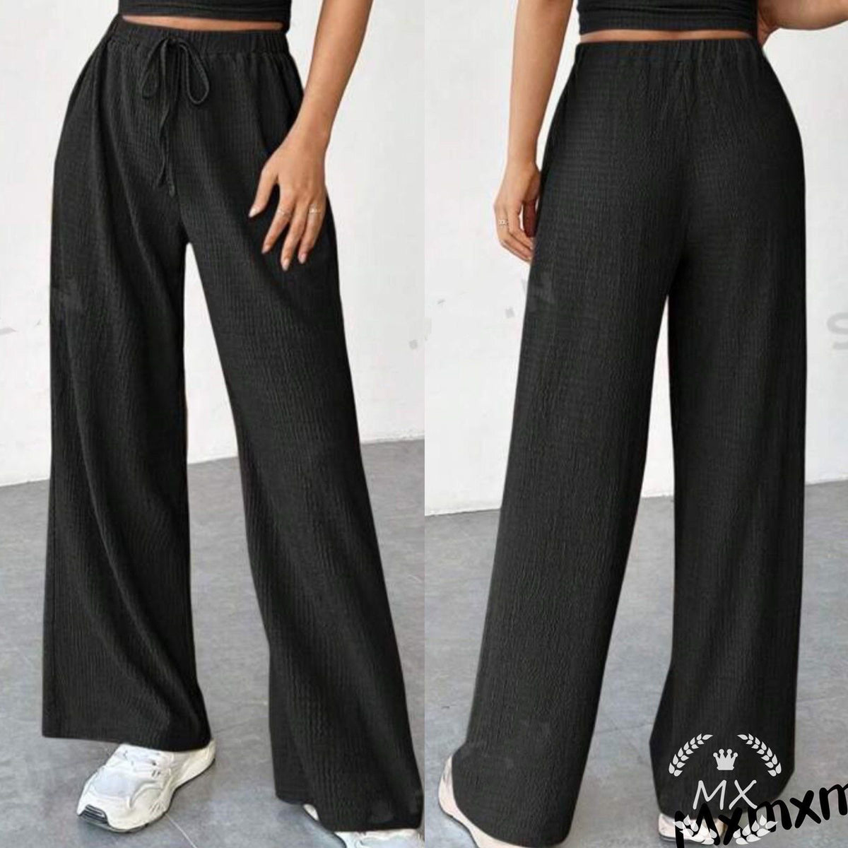 Ženske crne široke pantalone od rebrastog pamuka klasičan model