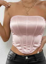 Ženski roze satenski korset top bez bretela elegantan bustier