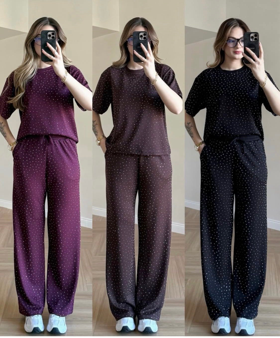 Ženski komplet od likre sa cirkonima – elegantan set majica + pantalone | NOVO
