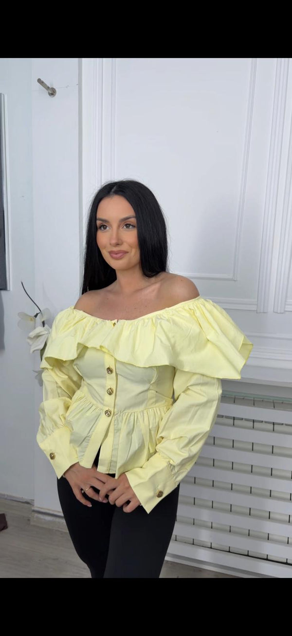 Ženska žuta bluza sa karnerima – elegantna off shoulder košulja sa dugmićima