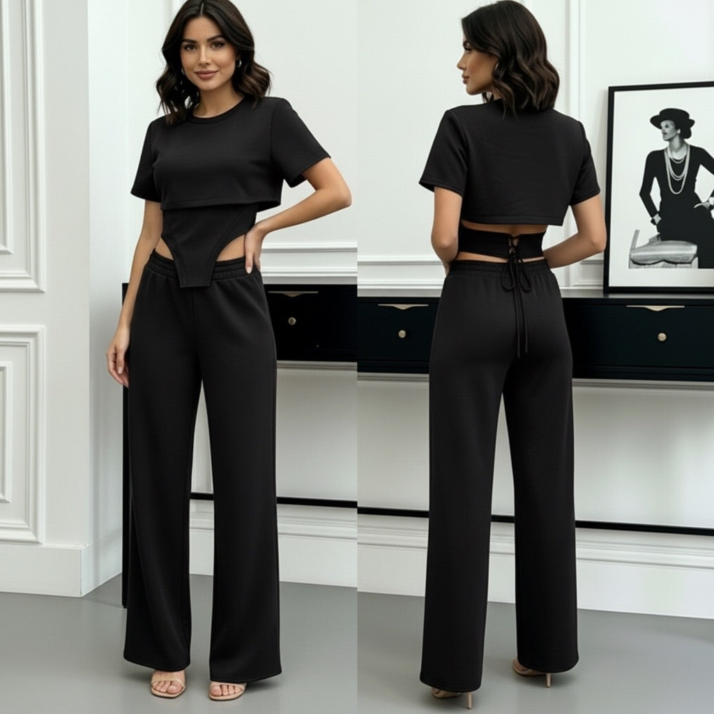 Crni ženski komplet sa širokim pantalonama klasičan elegantan i udoban model