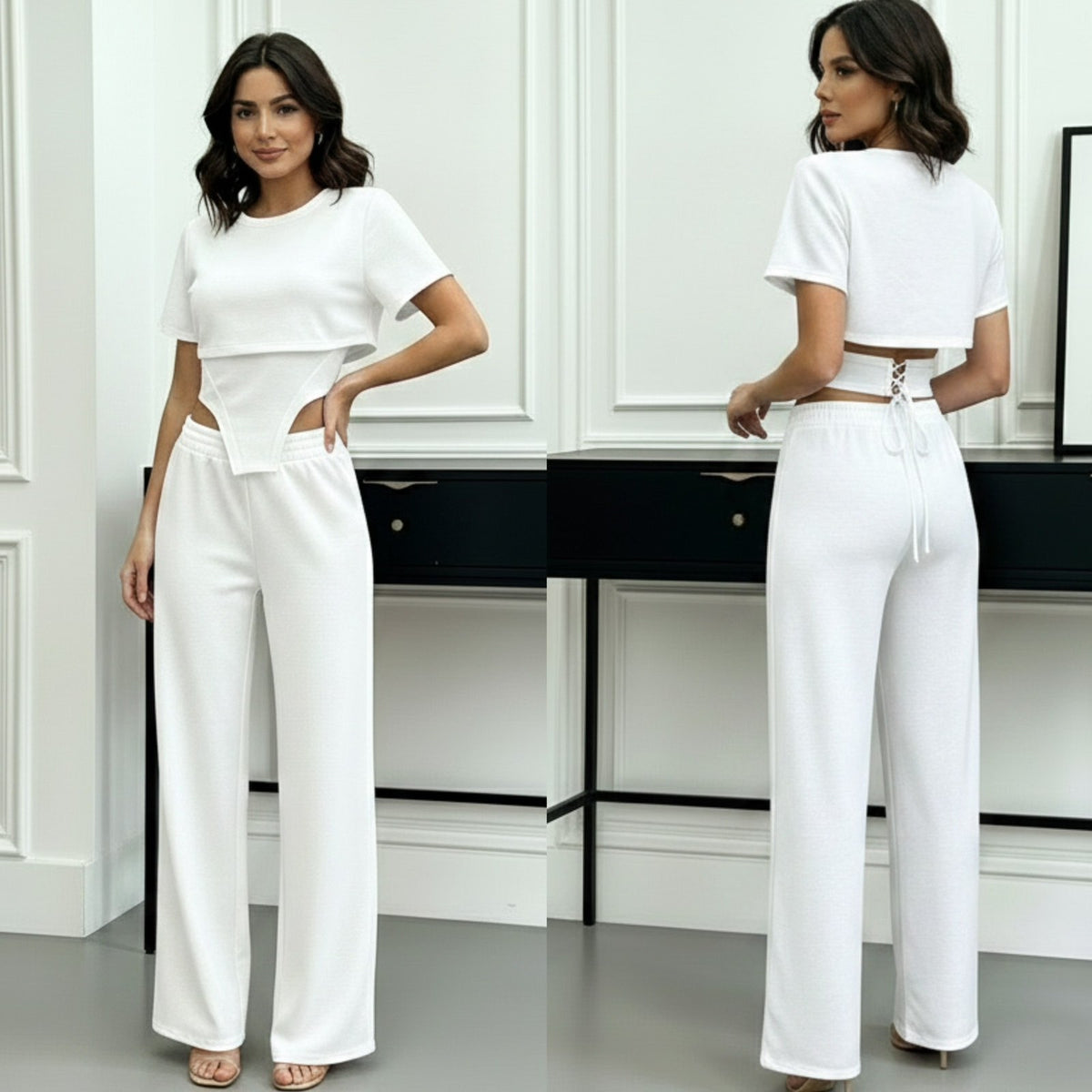 Beli ženski komplet elegantnog kroja sa širokim pantalonama i body majicom