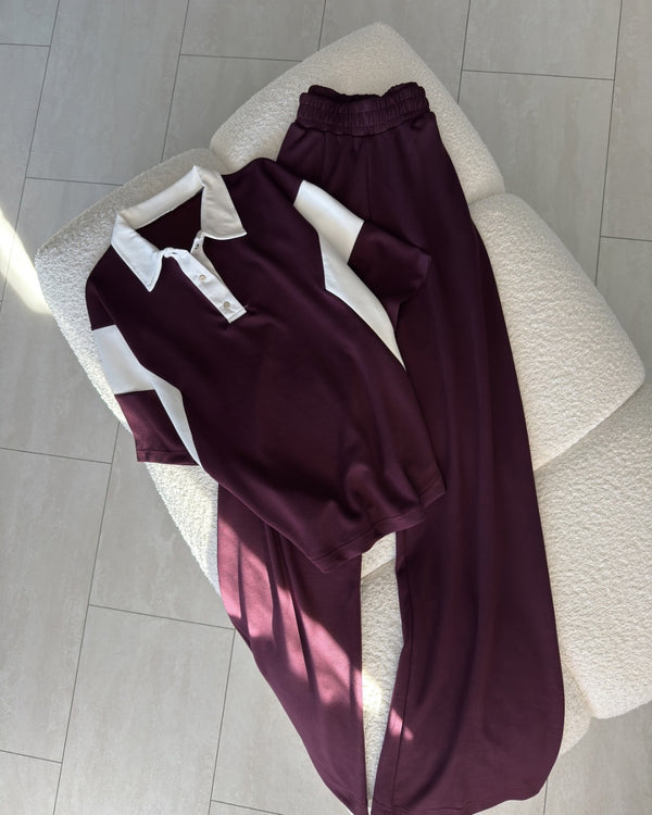 Ženski bordo komplet sa polo majicom i širokim pantalonama elegantan casual stil